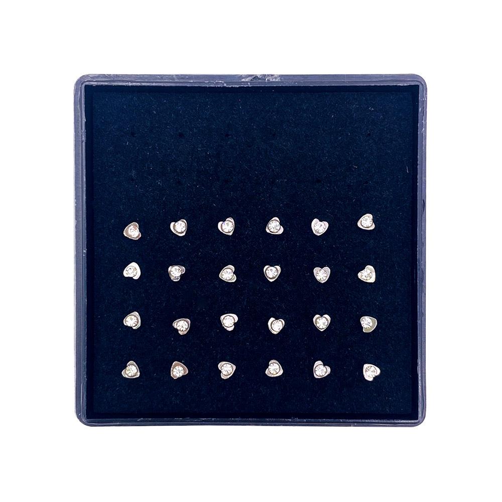 24-Piece Rhinestone Stainless Steel Heart Nose Studs - Titanium Steel Jewelry