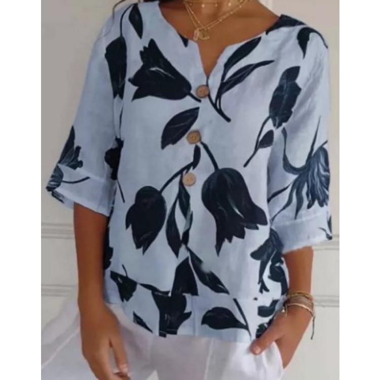 

Женская футболка-пуловер из хлопка и льна с V-образным вырезом и короткими рукавами 5XL светло-синий