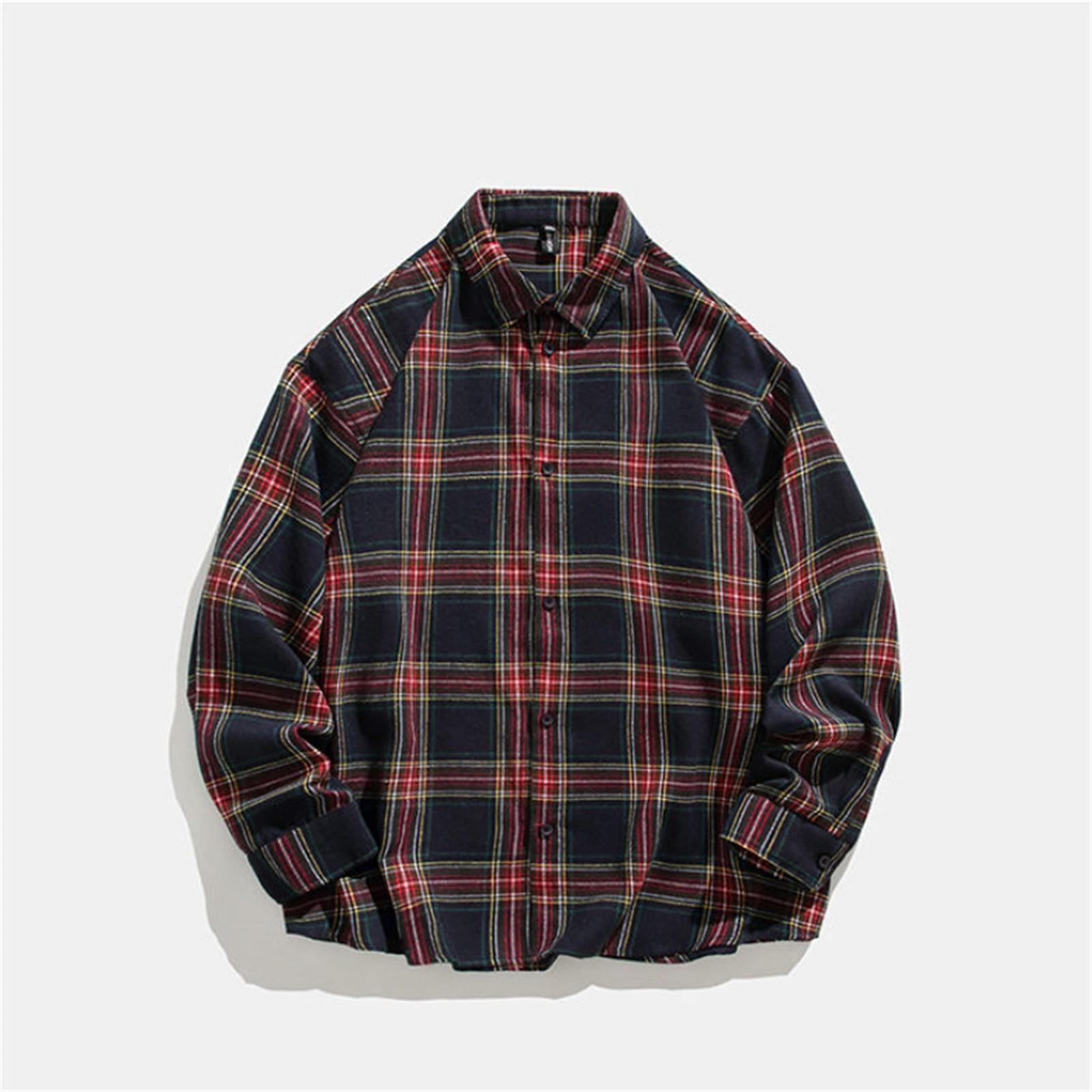 

Весна и осень, новая мужская повседневная шерстяная клетчатая рубашка с длинными рукавами, свободная рубашка для пары L чёрный