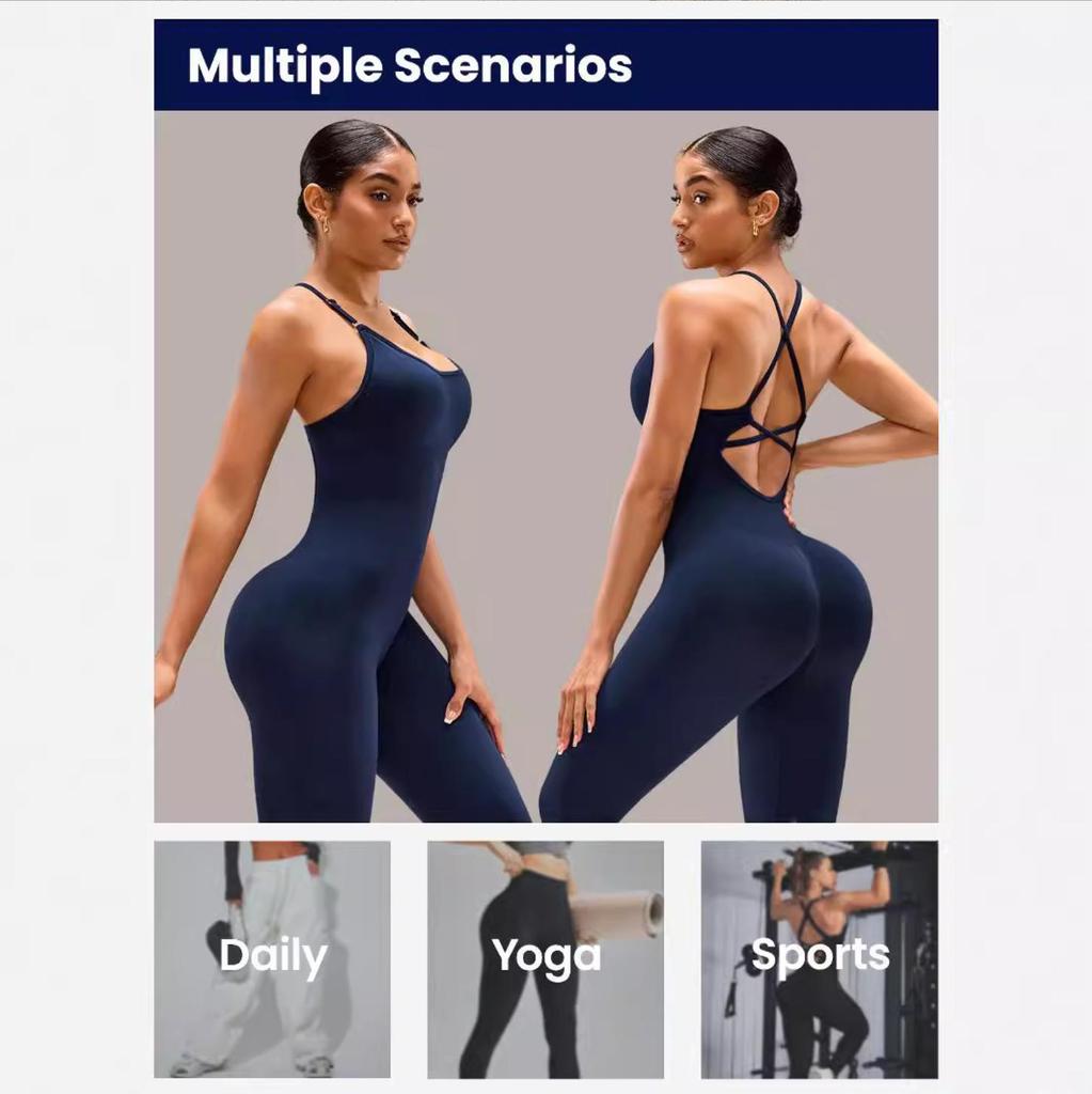 Butt-Lifting Padded Ribbed Sport Jumpsuit with Long Pants