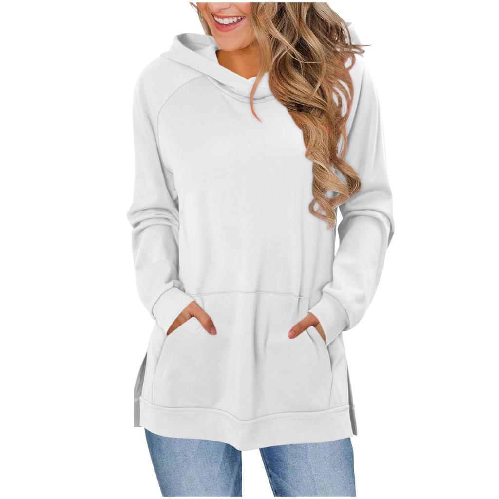 Felpa con cappuccio da donna S, tinta unita classica, con tasche, orlo spaccato, manica lunga