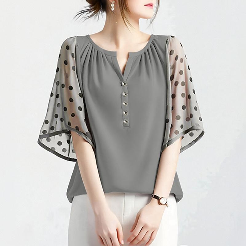 ZANZEA Women Casual V-Neck Mesh Splice Half Sleeve Blouse