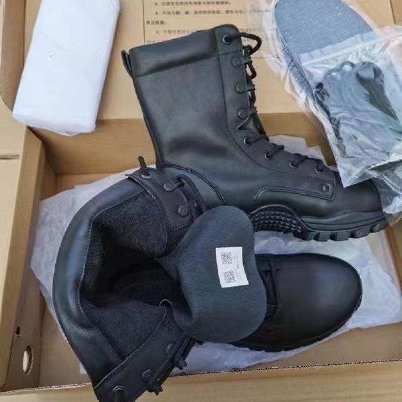 

Spring and Autumn cowhide combat boots ultra-light high-top lace-up umbrella boots pure black leather shoes wear-resistant, non-slip and waterproof 44