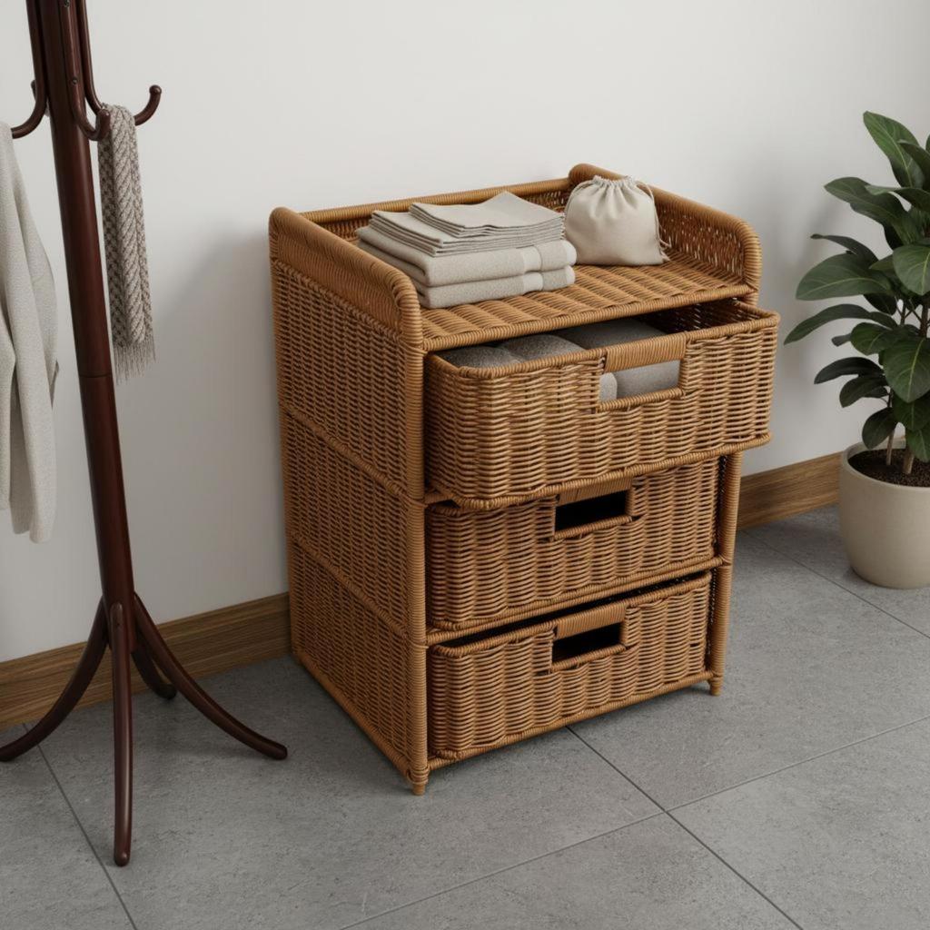 Woven Rattan Storage Cabinet Slim Legs Nightstand Space-Saving