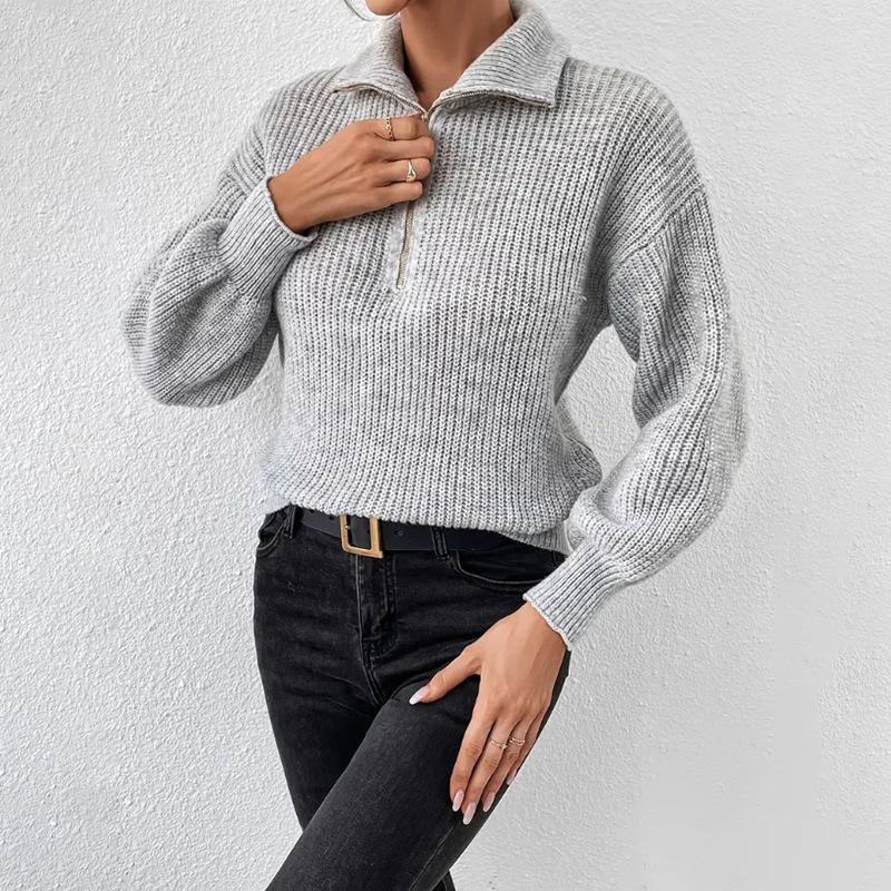 Harajuku Jednobarevný Svetr na Zip s Polo Límcem Podzim Zima Ležérní Volné Pletené Svetry Topy Dámský Zesílený Spodní Pulovr