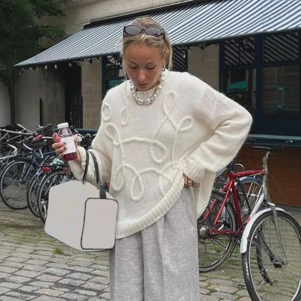 2024 Autumn Solid Color Wool Sweater: Cozy Long-Sleeved Knit with Irregular Embroidery for a Stylish Commute