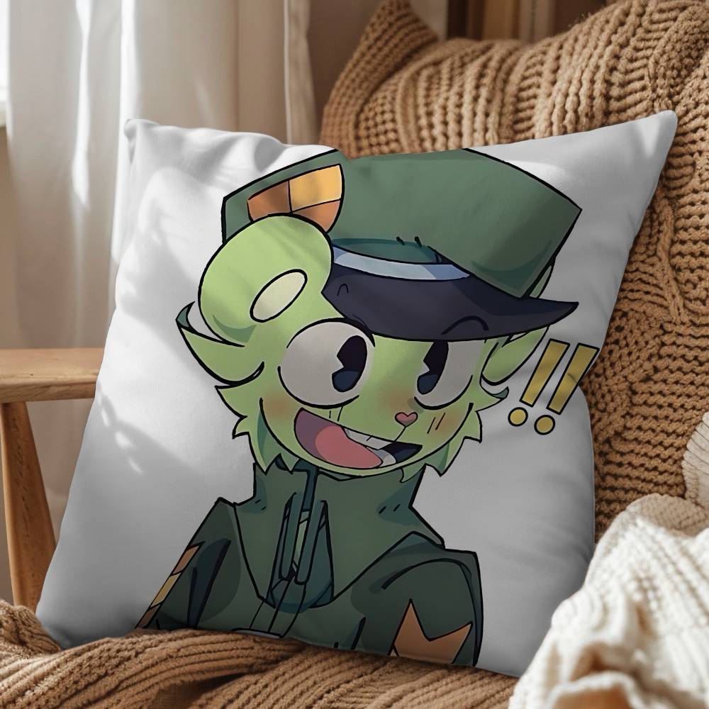 Green Cute Happy HTF Tree Friends Pillow Case Square DoubleSided Printing Short Plush Sofa Cushion Cover Bedroom Bedside Pillow