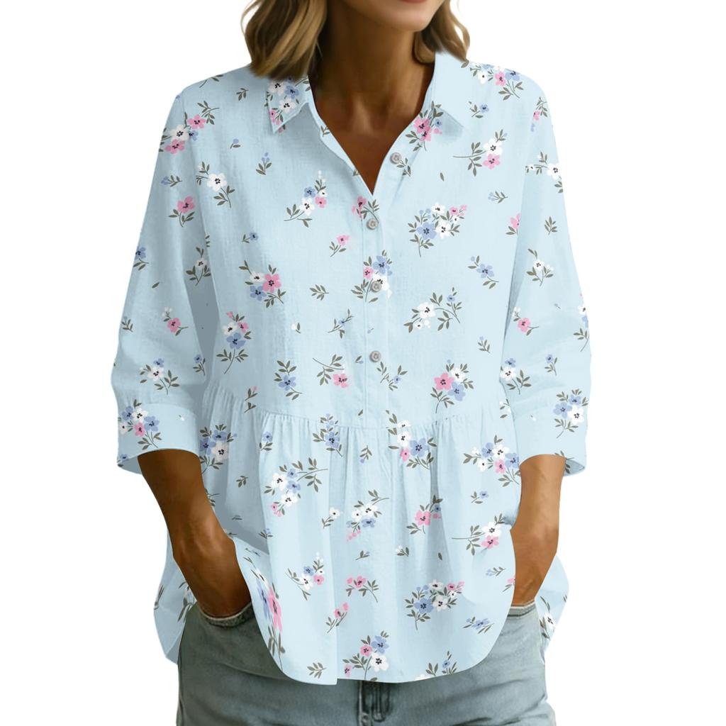Damen Knopfleiste Hemd Vintage Blumenmuster Dreiviertelärm Lockerer Schnitt Bluse mit Kragen Lässig Leichtes Oberteil