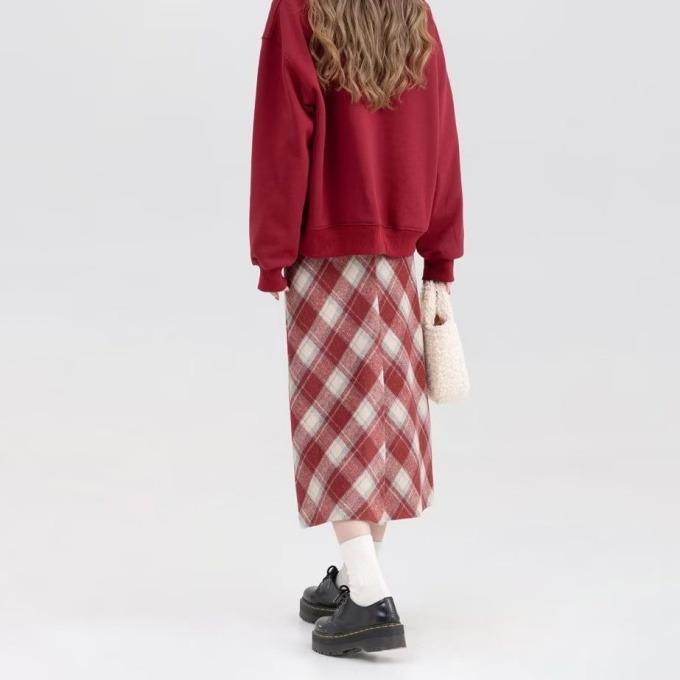 American Retro Plus Size Plaid Wool Skirt – Elegant Mid-Length Korean Style