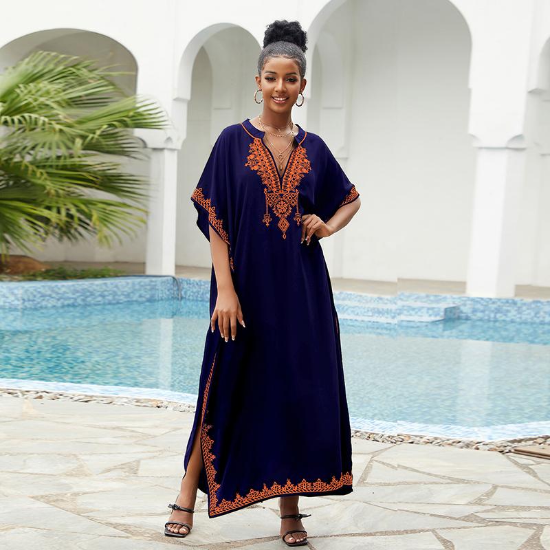 

EDOLYNSA 2024 Bohemian Black Bikini Cover-ups V-образним вирізом, довга туніка, сексуальна сукня-кафтан, жіночий пляжний одяг великих розмірів, купальний костюм Cover Up Q1545 One Size темно-синього кольору