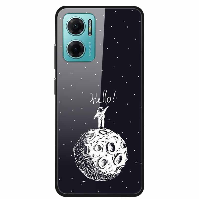 Case For Xiaomi Redmi Note 11E Luxury Tempered Glass Hard Back Cover For Redmi Note 11E Capa Shockproof Flower Funda Wolf Coque