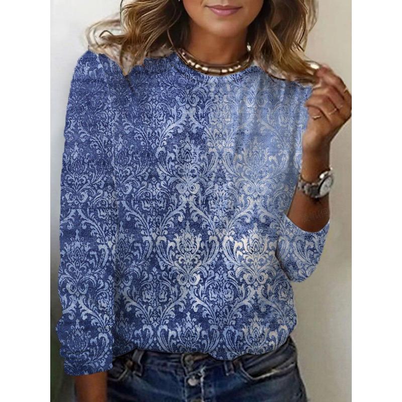 Trendy Women's Round Neck T-shirt 3D Digital Printed Long Sleeved T-shirt