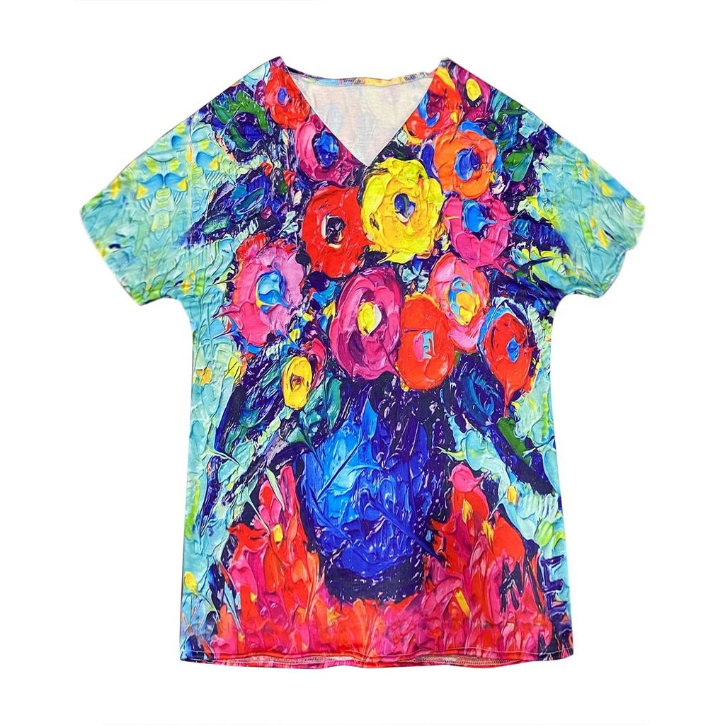 Women Floral  Print V-Neck Short-Sleeved Top T-Shirt