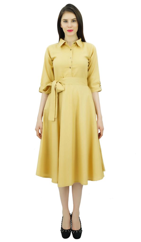 Bimba Women's 3 4 Sleeve Linen Collar Neck Solid Flared Shirt Dress with Side