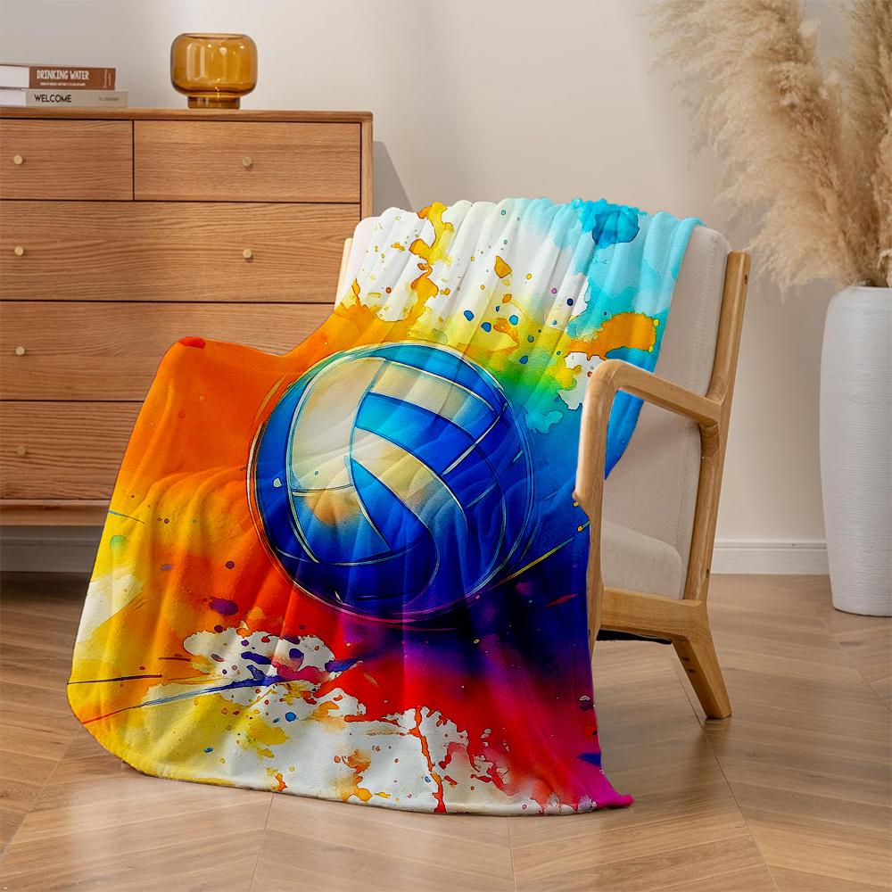 1pc Volleyball Print Fleece Blanket - Plush High-GSM All-Season Soft Bedspread with Turquoise Yellow Pink Blue Watercolor Volley