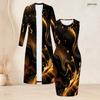 Women Plus Size Two Piece Set Long Sleeve Long Open Front Cardigan Sleeveless Printed Bodycon Dress