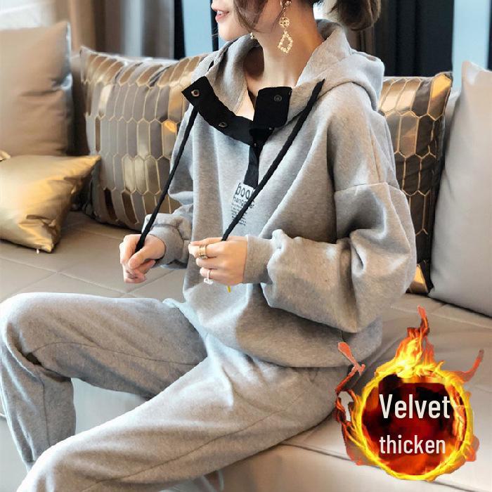 Plush Thickened Women's Plus Size Casual Hooded Two-piece Sportswear Suit for Autumn/Winter