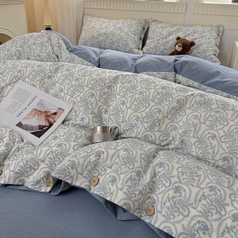 Retro Floral Linen Bedding Set: Autumn & Winter 4-Piece with Button Duvet Cover & Sheet