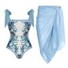 Damen tropischer Blumenprint geraffter Wickel-Badeanzug mit passendem Sarong Zweiteiler