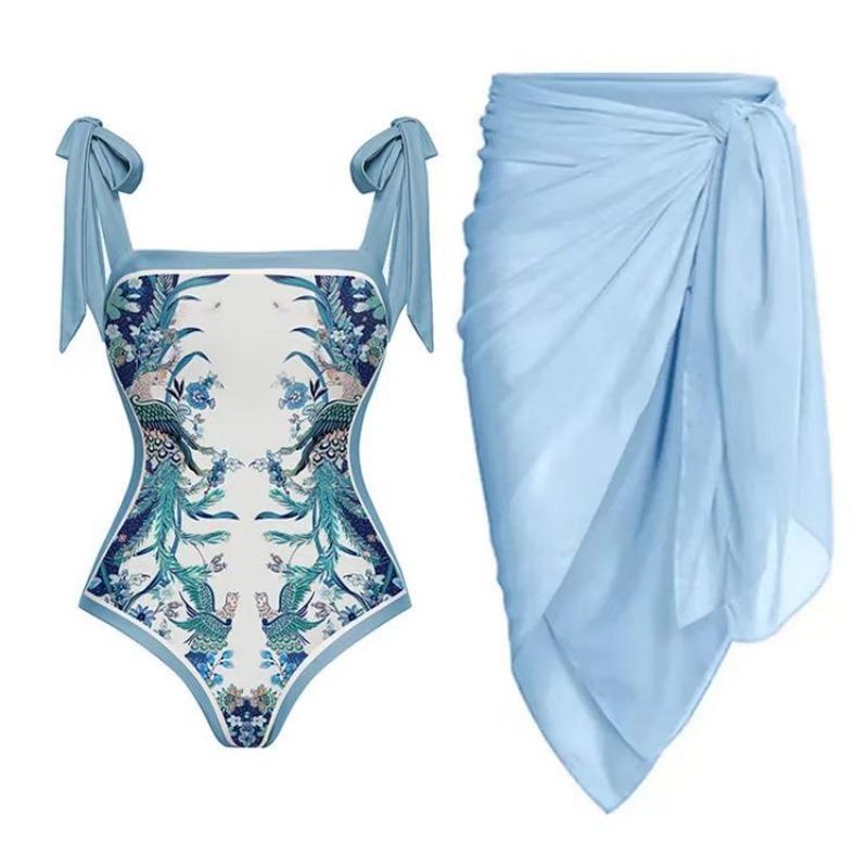 Damen tropischer Blumenprint geraffter Wickel-Badeanzug mit passendem Sarong Zweiteiler
