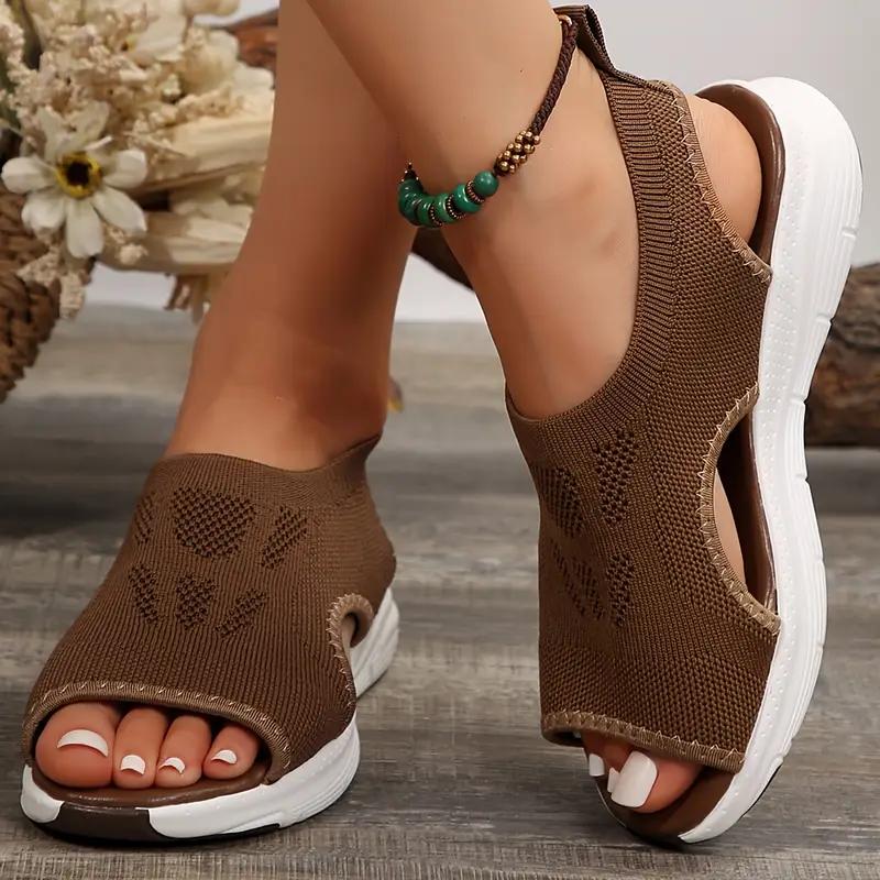 Women's Knit Upper Sandals, Breathable Peep Toe Elastic Slip On Shoes, Comfy Outdoor Sporty Sandals