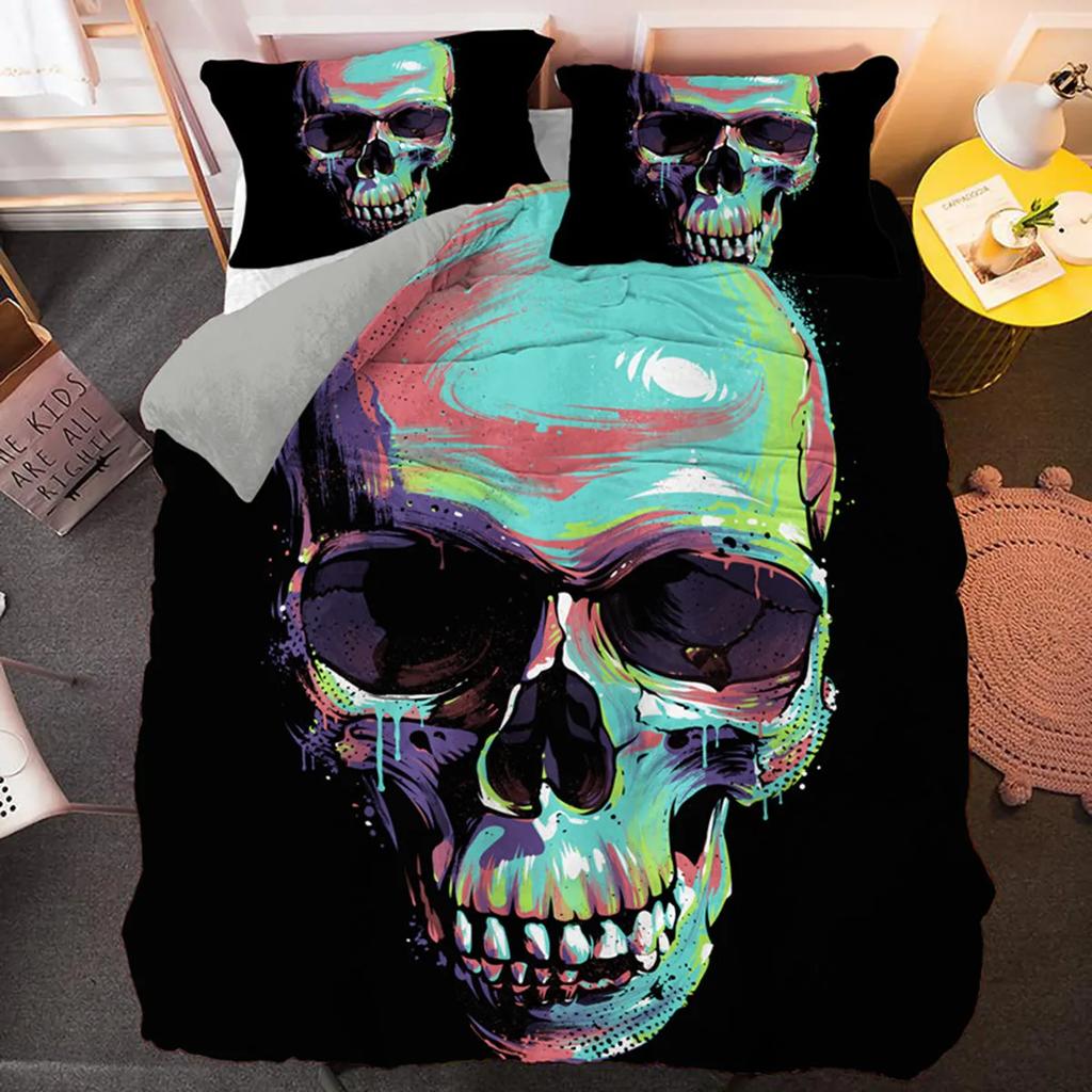 3D Skull Funny Skeleton Smoking Pattern Duvet Cover Halloween Black Skull Theme Bedroom Decoration for Children Teens Women Men