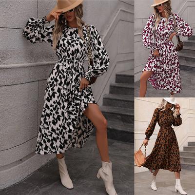 Europe, America, Autumn and Winter New Women's Clothing Leopard Print Lace-up Long-sleeved Pendulum Dress