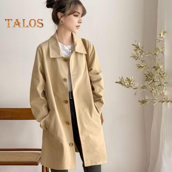 Damenjacke mit Umlegekragen, langen Ärmeln, geknöpfter Windbreaker, weite Taschen, mittlere Länge, Outdoor-Reise-/Pendlermantel