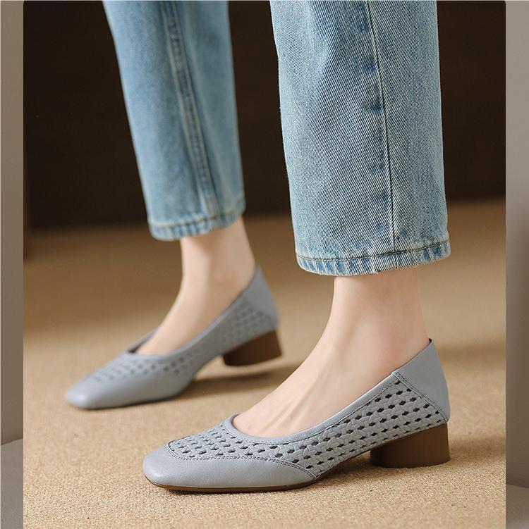 Fashion French Single Women's Summer Cutout Breathable Square Toe Kitten Heel Block Heel Sandals