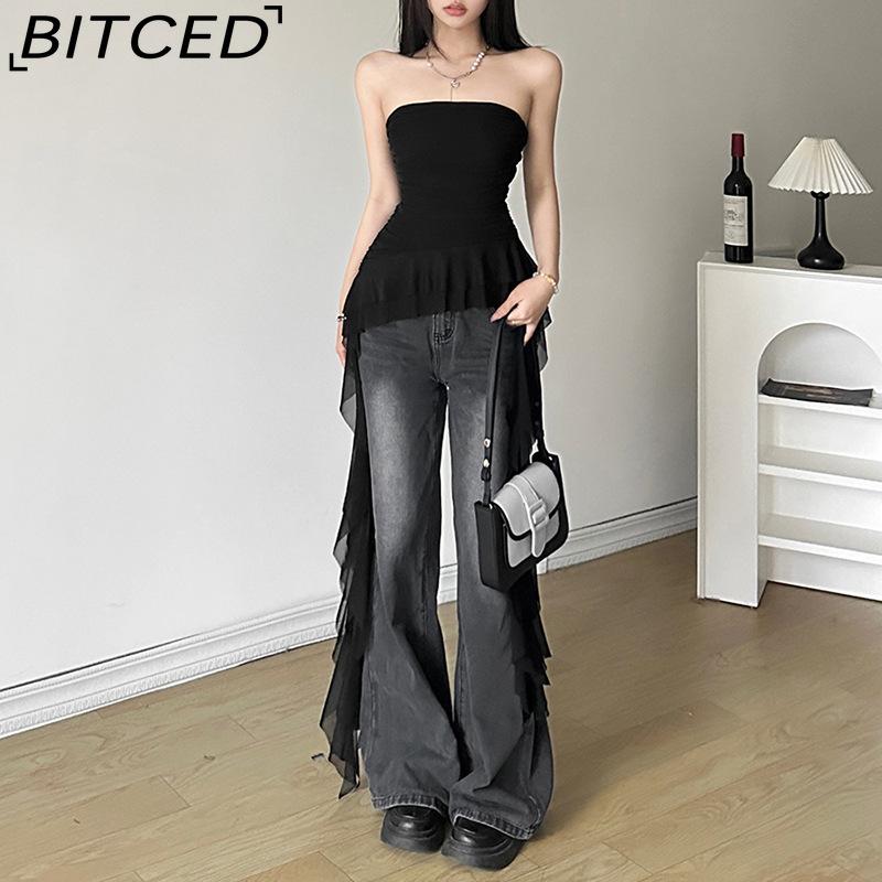 BITCED Spring Women's Solid-Colour Slim-Fit Streetwear Off-the-Shoulder Sleeveless Pleated Top