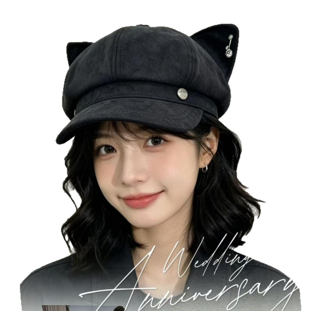 Cute cat ear beads decorative octagonal hat children autumn and winter literary versatile solid color beret casual painter hat
