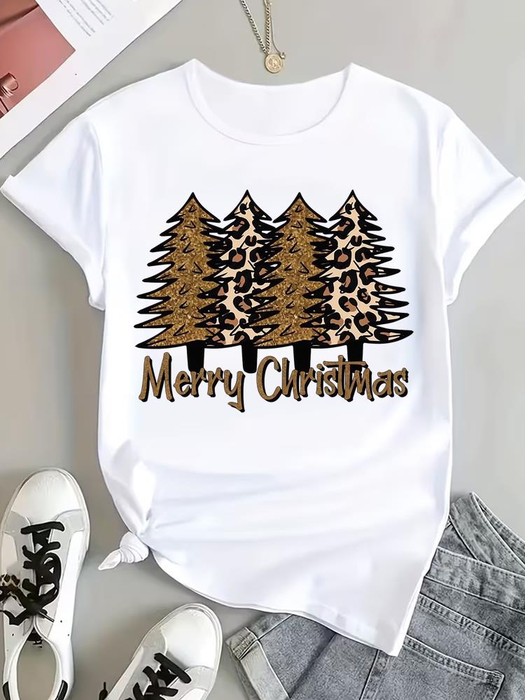 (Asian Size) Watercolor Tree Tee Top Print Christmas New Year Clothing T Shirt Women Fashion Festival Female Woman Short Sleeve Graphic T-shirts