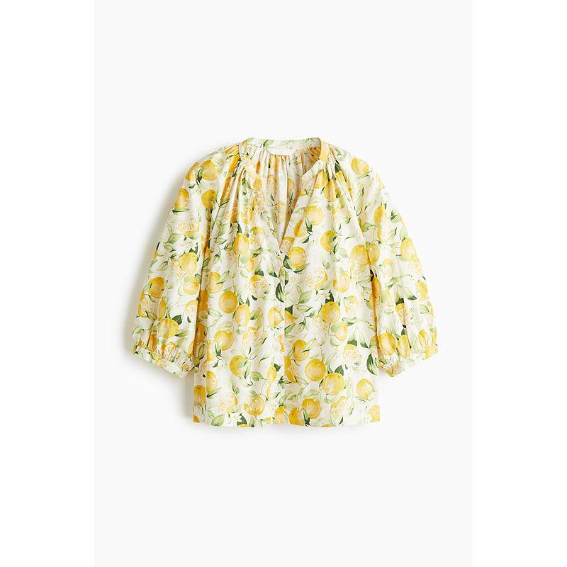 

HM Women clothes Shirts 2025 Summer New Lantern Sleeve V-neck Loose French style Casual Poplin Top 1273994 White/Lemon 150/76(XXS)