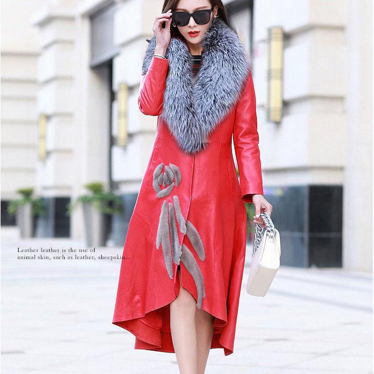 Europe, America autumn and winter new leather jacket women's long knee large size leather trench coat imitation fur coat