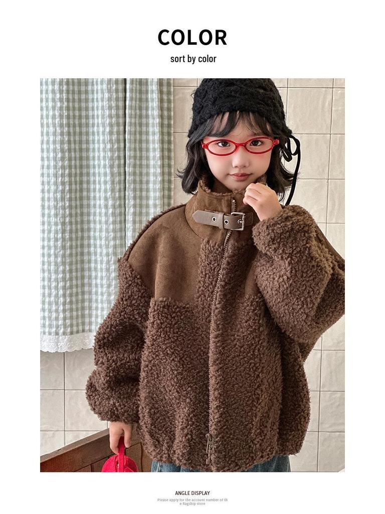 Korean Style Retro Lambswool Biker Jacket for Kids, 2025 Autumn/Winter