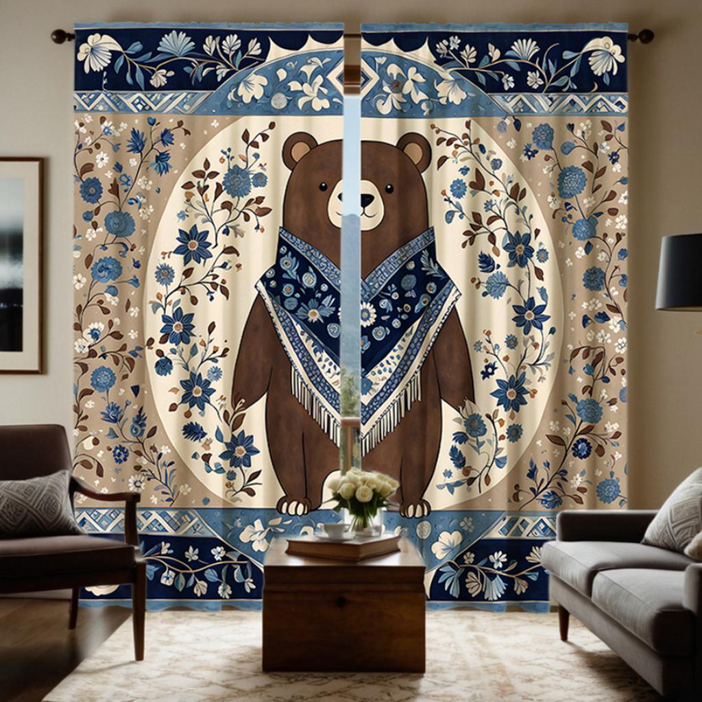 2pcs HD National Wind Floral Bear Decorative Curtain Blue Digital Printed Curtain Home Decoration Style Decoration Living Roo