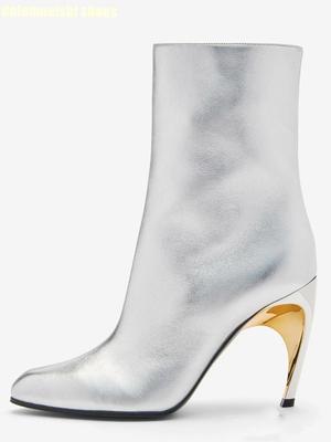 Botas Cortas de Tacón Alto Stiletto Estilo Metálico Extraño 2025 Nuevas Botas de Punta Hasta la Pantorrilla Cremallera Lateral Botas Negras para Mujer