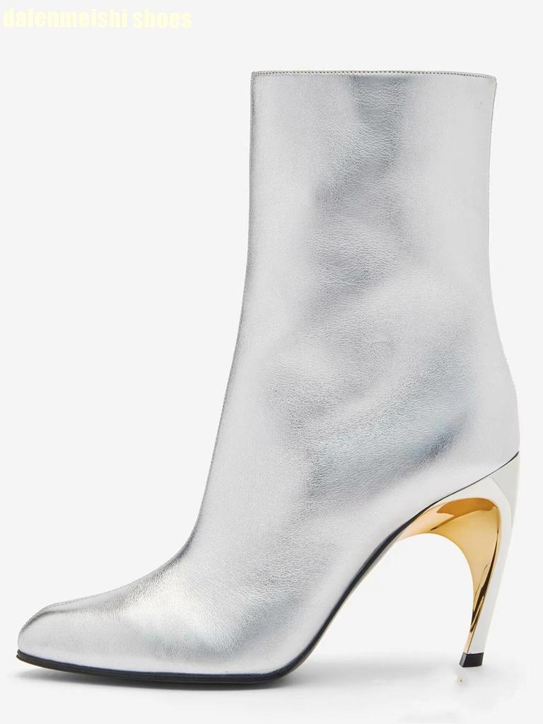 Botas Cortas de Tacón Alto Stiletto Estilo Metálico Extraño 2025 Nuevas Botas de Punta Hasta la Pantorrilla Cremallera Lateral Botas Negras para Mujer