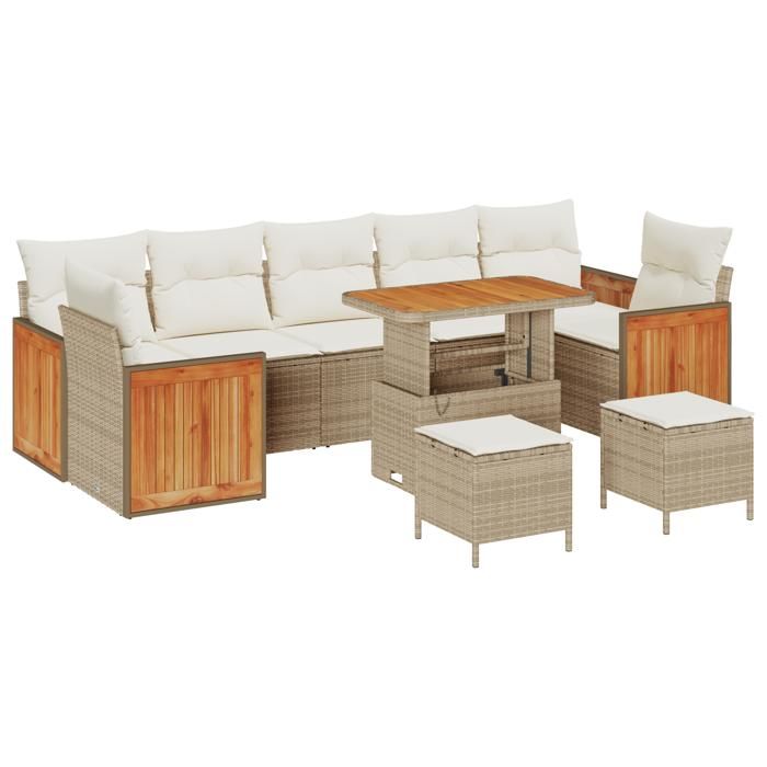 10 pièces de canapé de jardin avec coussins beige poly rattan acacia, Canapé de jardin 2 places avec coussins beige poly 3363291