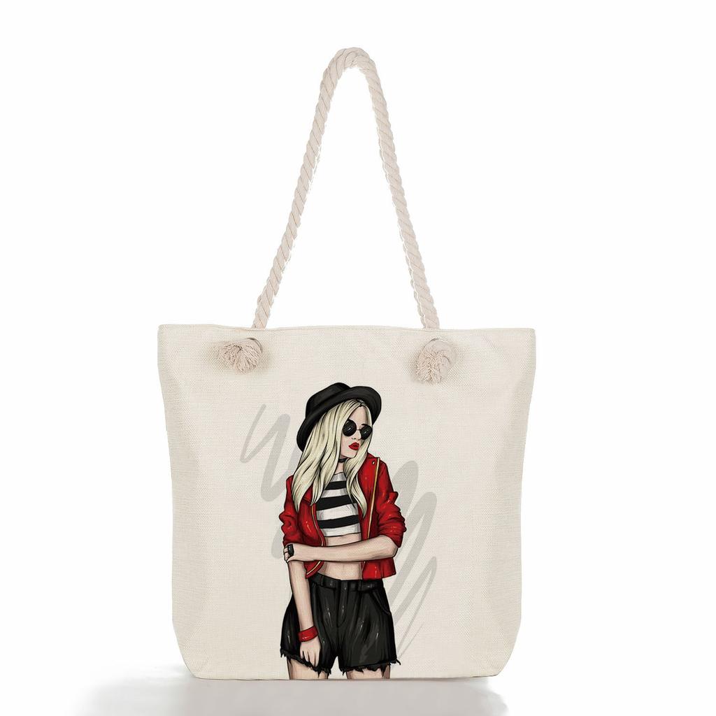 Multifunctional Coffee-colored Girl Printed Thick Rope Shoulder Beach Bag Casual Large Capacity Handbag 0107