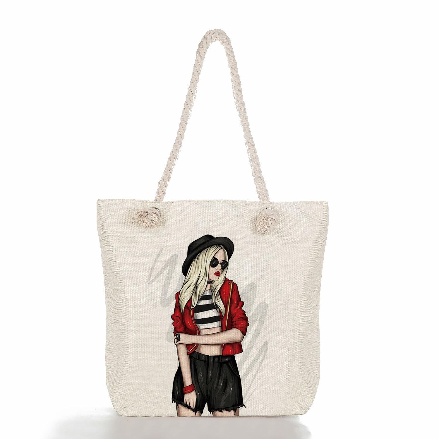 Multifunctional Coffee-colored girl Printed Thick Rope Shoulder Beach Bag Casual large capacity handbag 0107