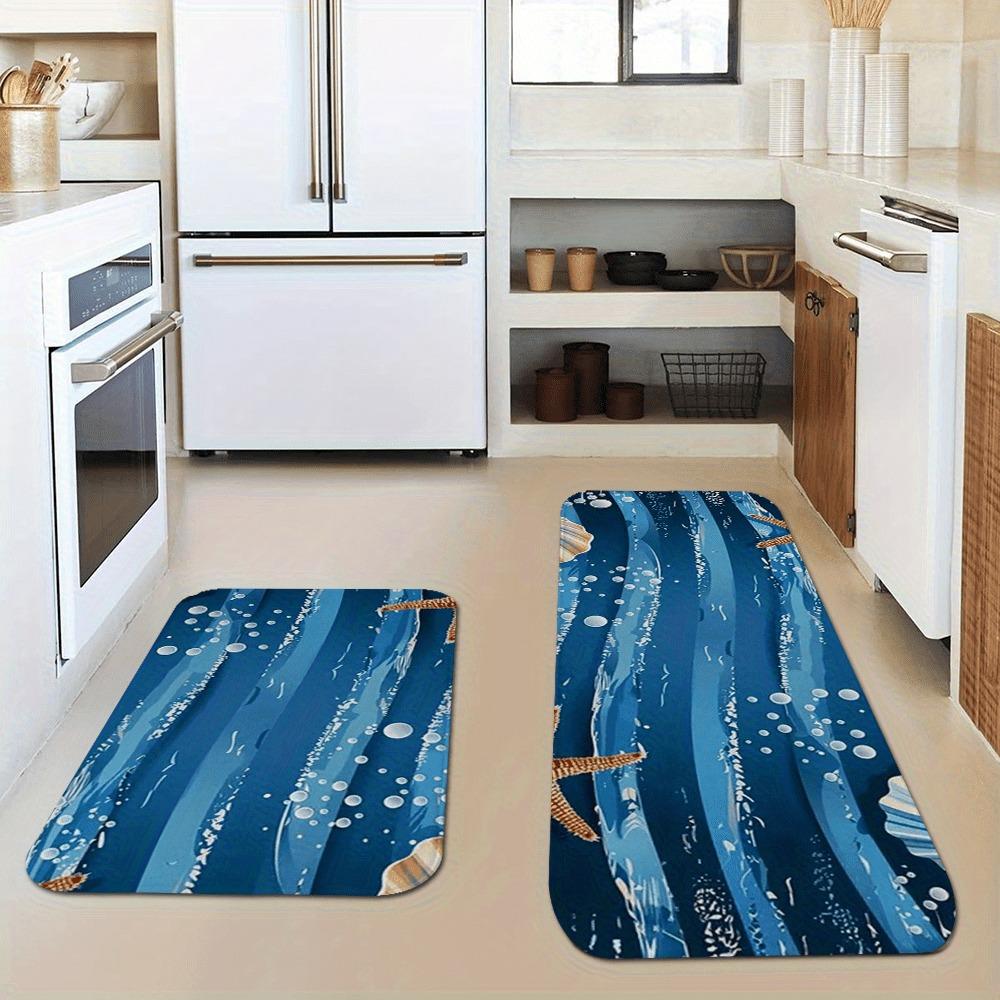 1PC Oceanic Wave & Seaweed Kitchen Rug Non-Slip Door Mat Pop Design Bathroom Rug Bath Mat Carpet for Home Sink Laundry Decor