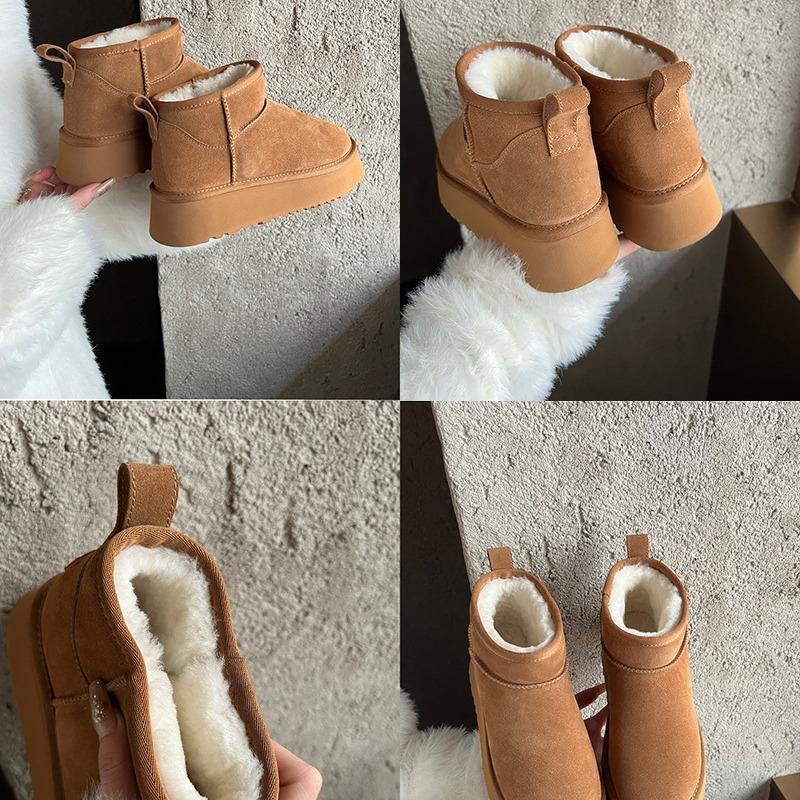 Winter New Short Snow Boots Women's Thick-soled Cowhide Wool Velvet Thermal Shoes Low-top Heightening Thickened Non-slip Sole