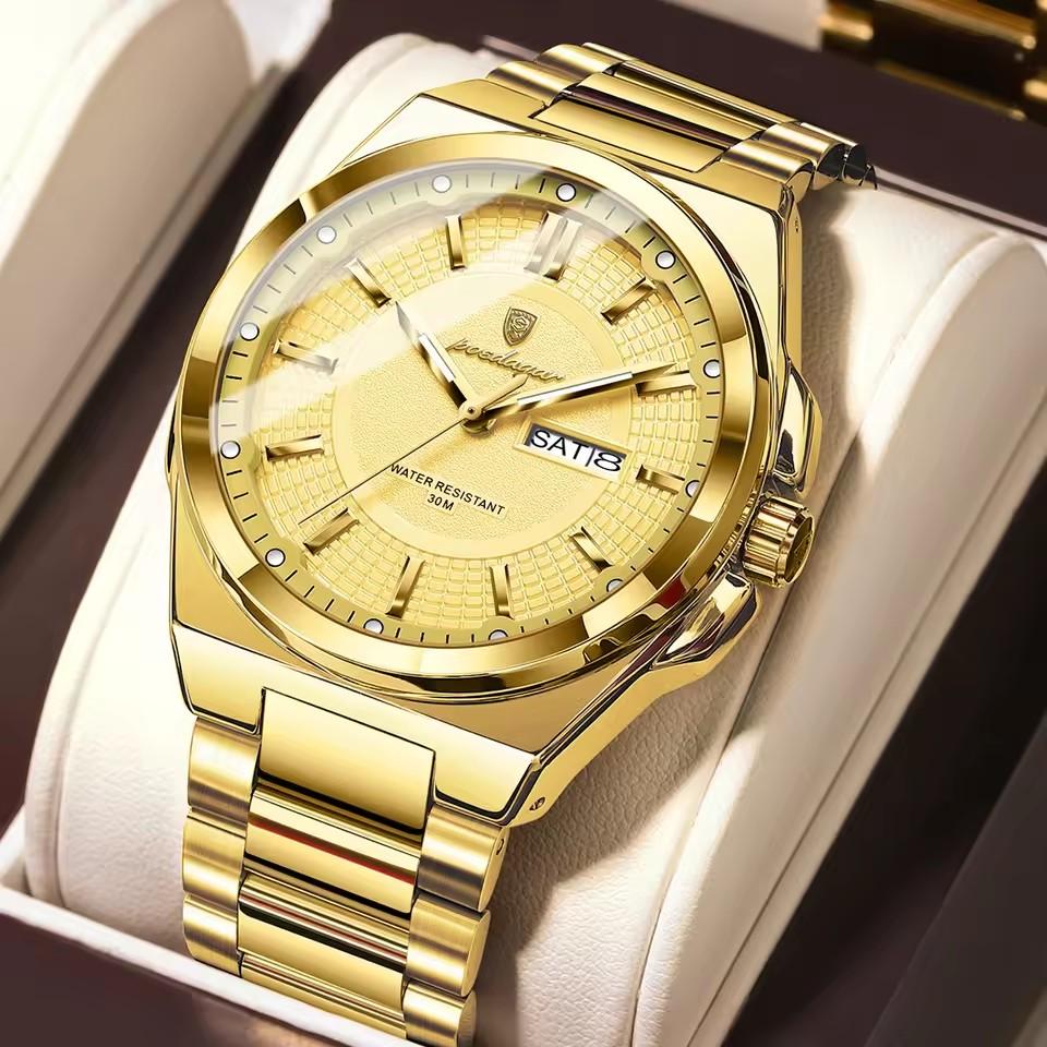 POEDAGAR 896 Stainless Steel Strap Fashion Gold Dial Diver Watch Men Waterproof Date Quartz Clock Sport Luminous Watches Relogio