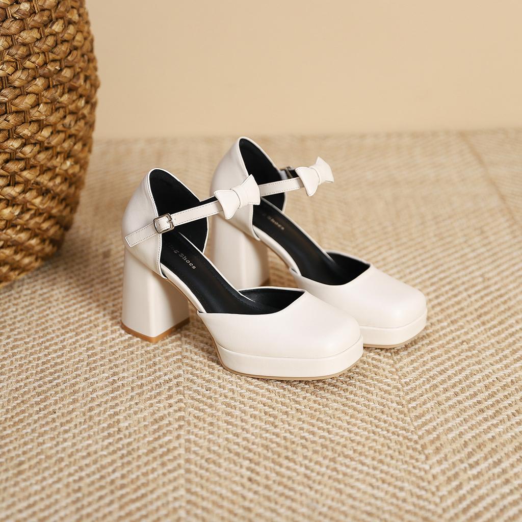 3359-20 Celebrity Square Head Waterproof Table High-heeled Single Shoes 2025 Spring One-word Buckle with Bow Thick-heeled Single Shoes