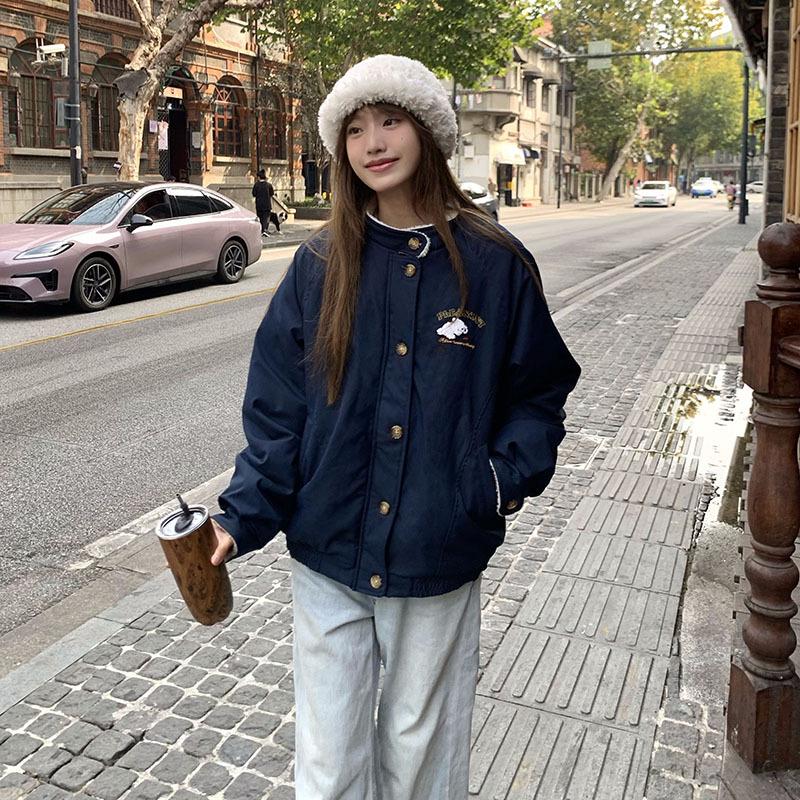 American baseball jersey winter new women's college style small loose thickened embroidered down cotton jacket
