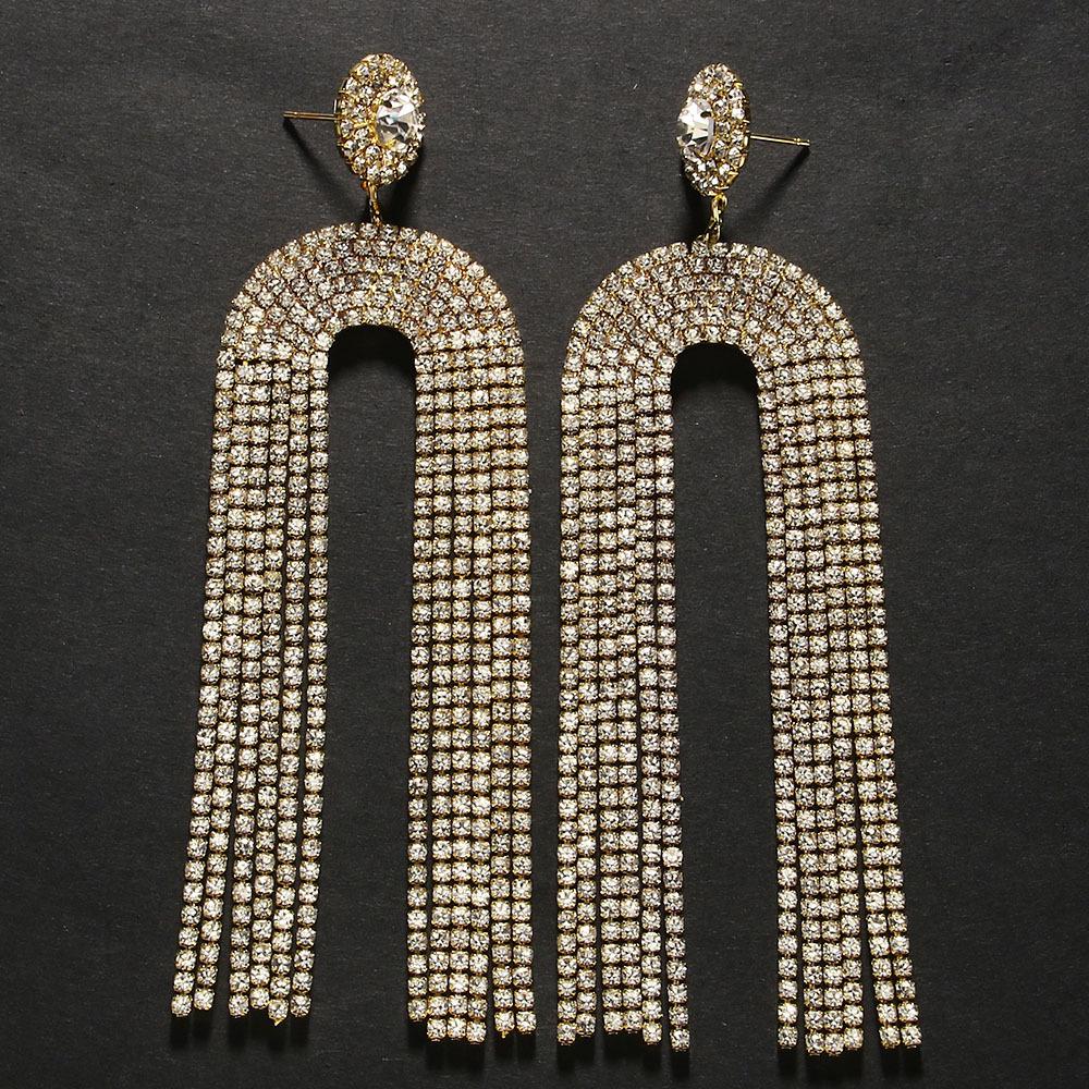 Elegant Rhinestone U-Shaped Long Chain Tassel Earrings for Everyday Wear