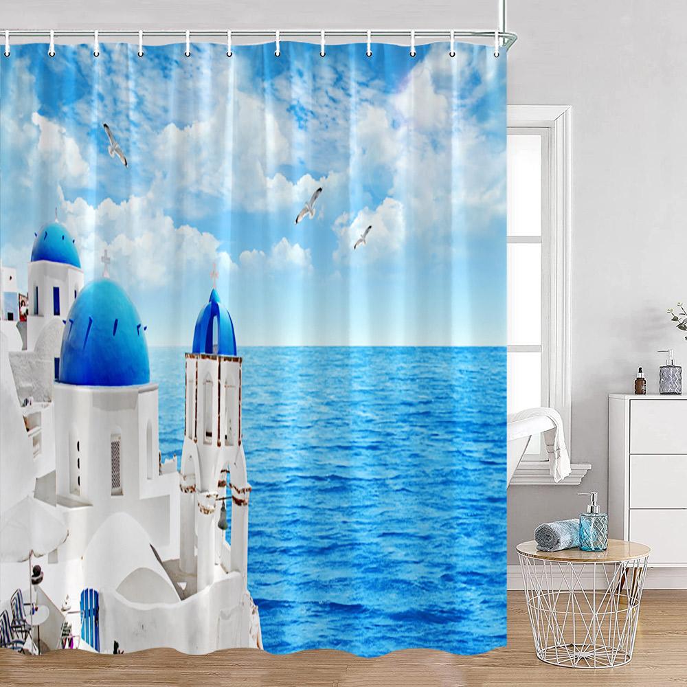 Greek Town Shower Curtain Greek Street View Sea View Blue Door Greece Scenery Bathroom Curtain Flower Plant Bath Decor with Hook