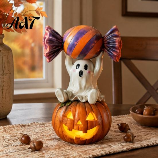 Small Gift for Children Halloween Ghost Figurine, Cute Sitting on Pumpkin Holding Candy Party Supplies Statue, Spooky Resin Table Ornament Indoor
