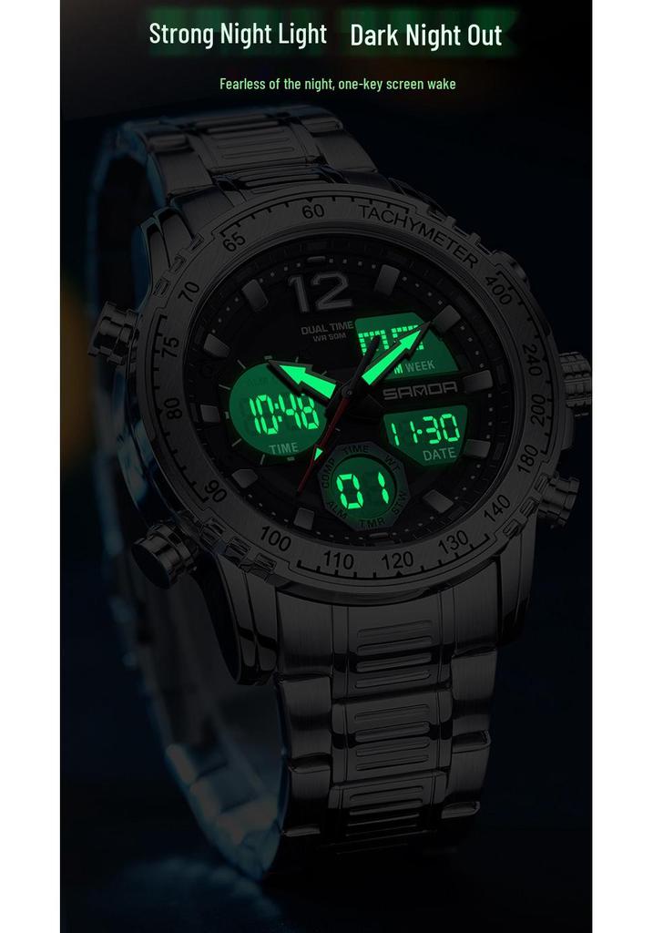 Sanda Men's Dual Display Multifunction Steel Band Sport Waterproof Watch